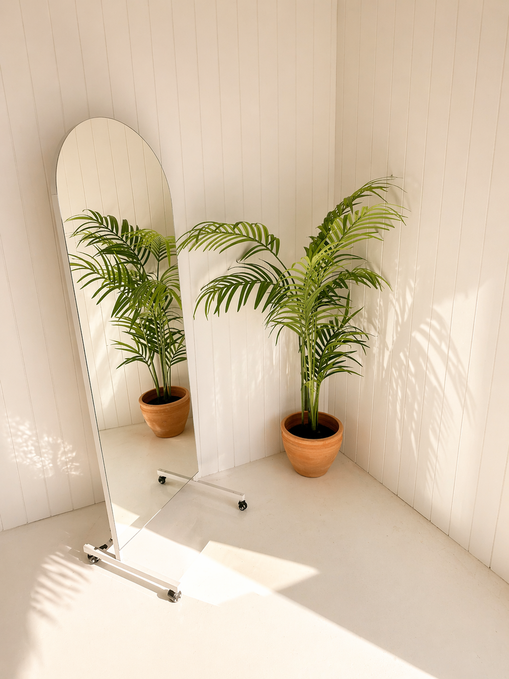 Full-length arched mirror and potted palm in the natural-light photography studio at 72 Studios