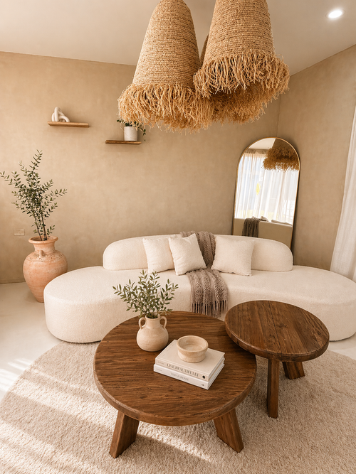 Styled lounge content room with a curved cream sofa, timber tables and textured pendant lights in Lilydale